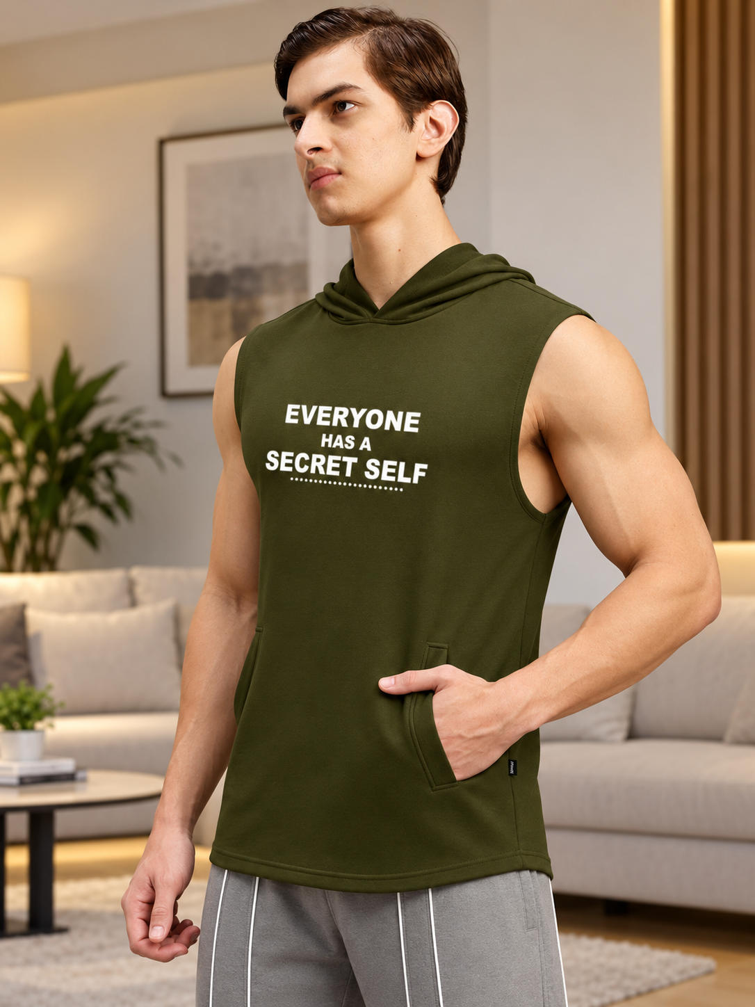 SECRET SELF GYM SLEEVELESS HOODED T-SHIRT OLIVE GREEN