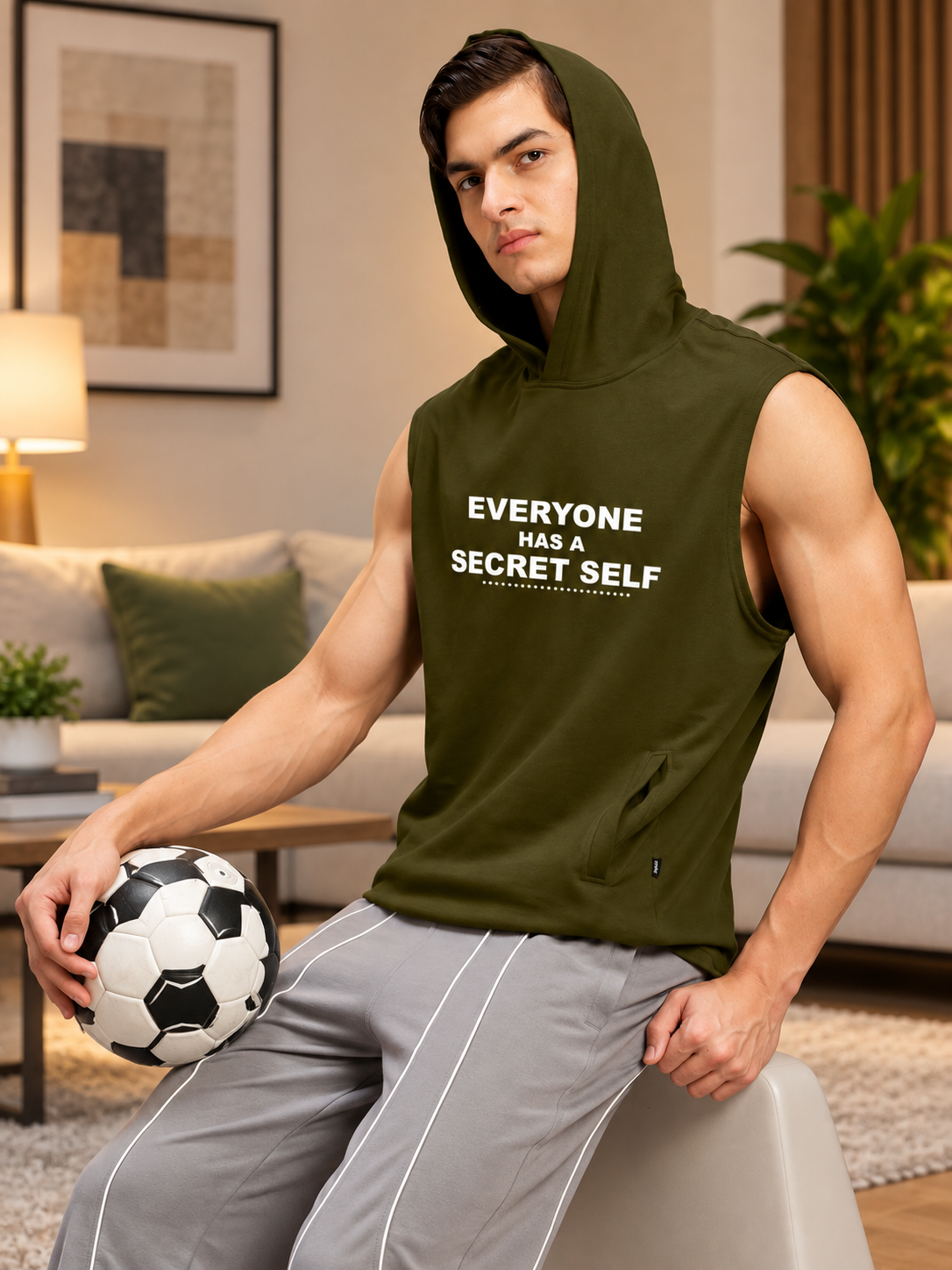 SECRET SELF GYM SLEEVELESS HOODED T-SHIRT OLIVE GREEN
