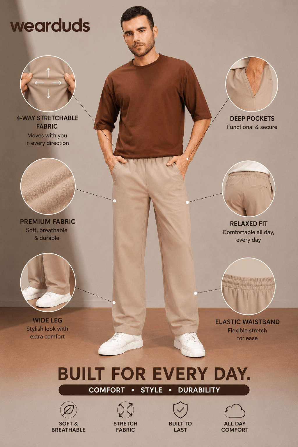 ATHLETIC DRESS TRACK TROUSERS BEIGE shown on a model, featuring deep pockets and elastic waistband for comfort.