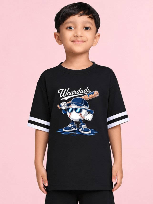 MASCOT GRAPHIC T-SHIRT FOR BOYS GIRLS BLACK WHITE worn by a boy with a playful baseball-themed graphic.