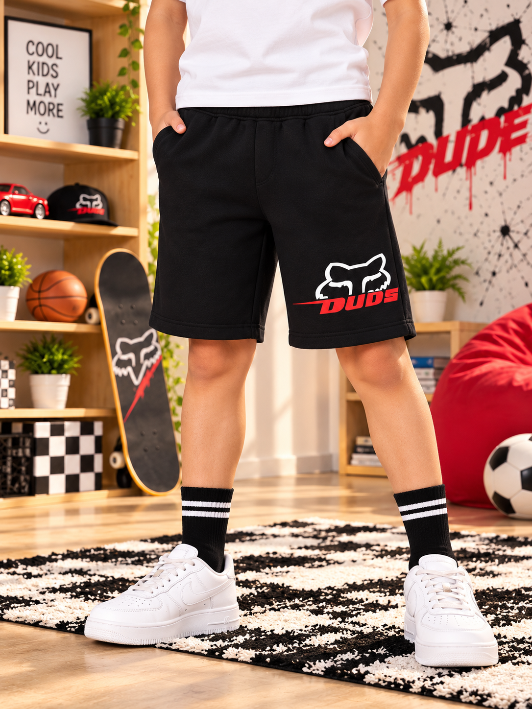 RACING FOX FLEECE PANT FOR KIDS BLACK with DUDE logo, comfy fit for everyday play and style