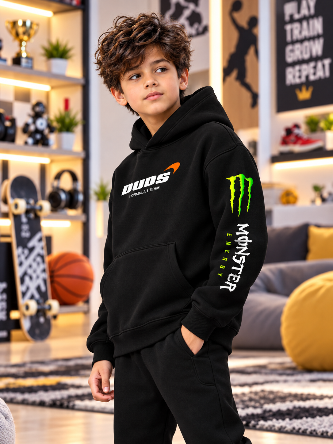 MONSTER DRINK FLEECE HOODIE FOR KIDS BLACK worn by boy in stylish sporty room setting