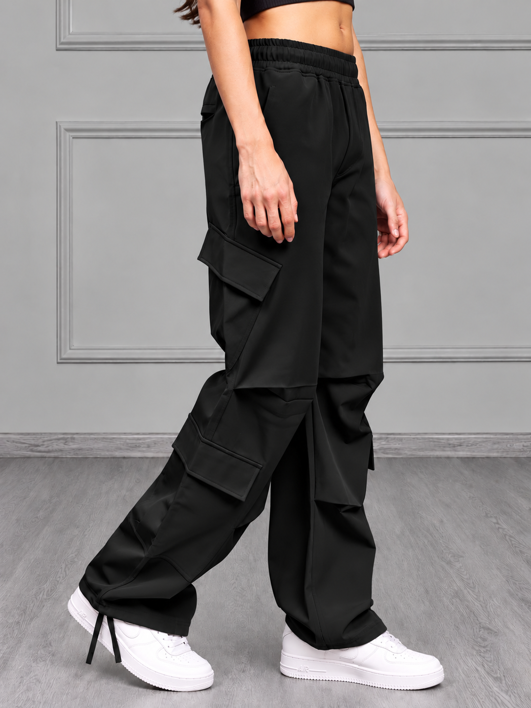 WOMEN TACTICAL FIT MULTI POCKET CARGO PANTS BLACK