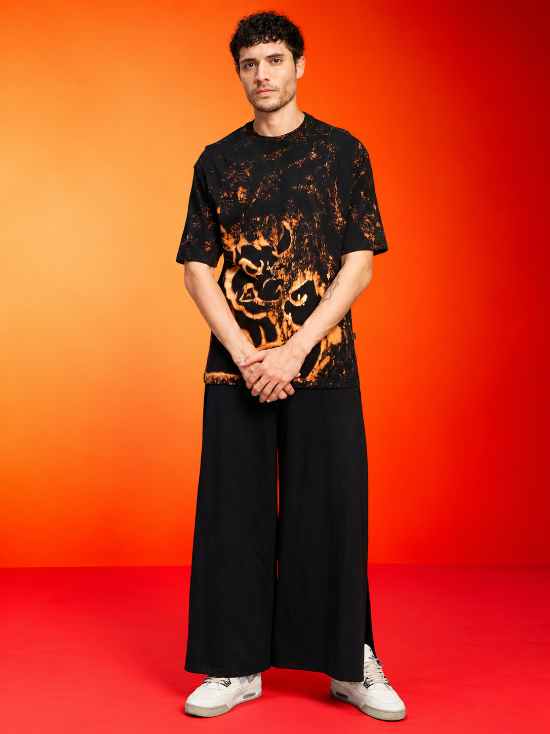 DEVIL BLEACH DYE OVERSIZED T-SHIRT BLACK ORANGE