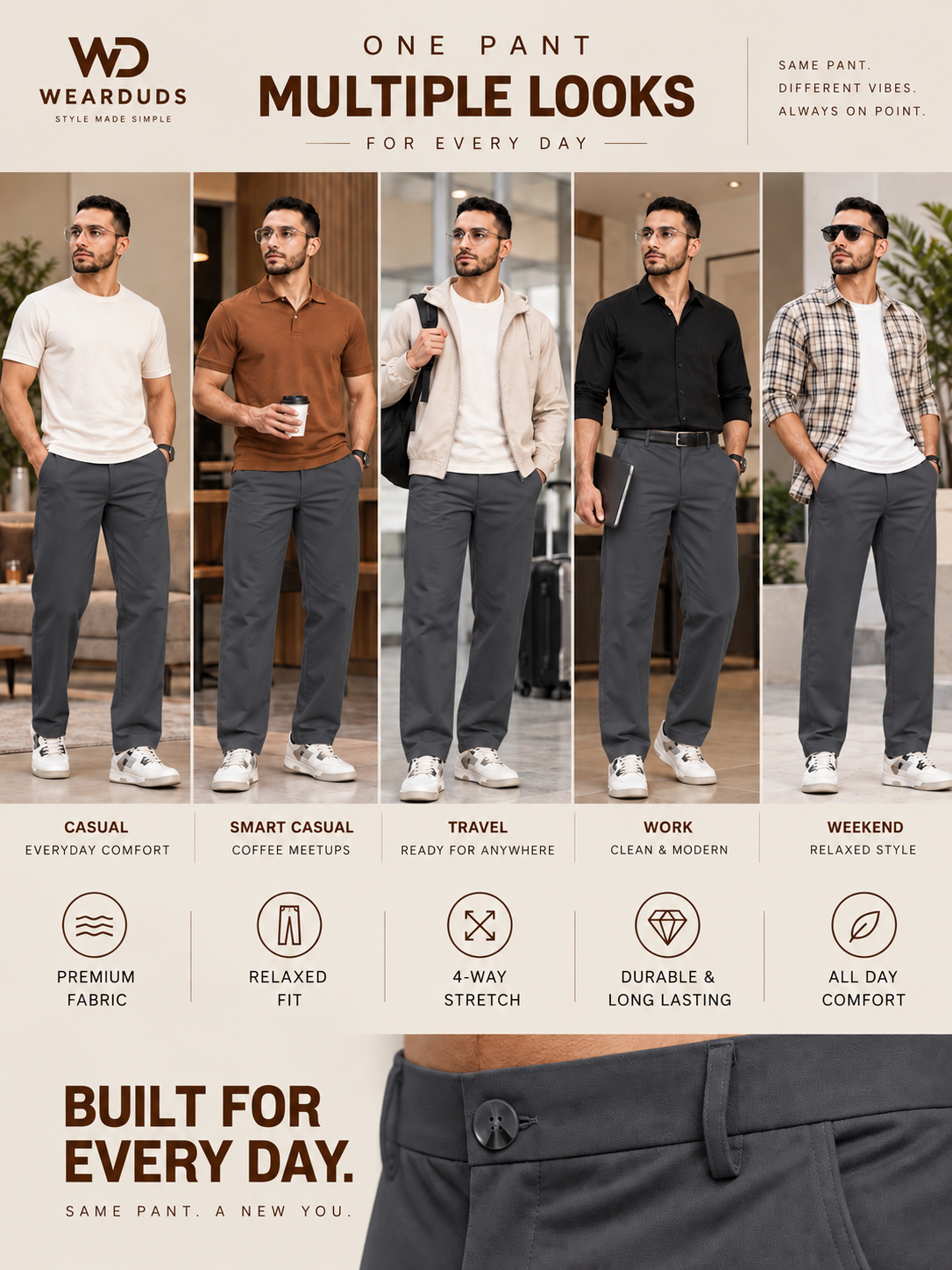 STRETCH STRAIGHT CASUAL PANTS GREY