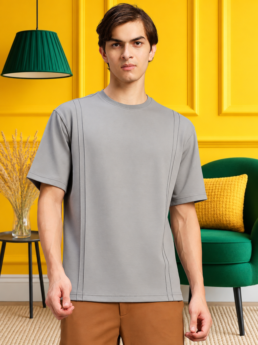 PANEL OVERSIZED CREW T-SHIRT GREY