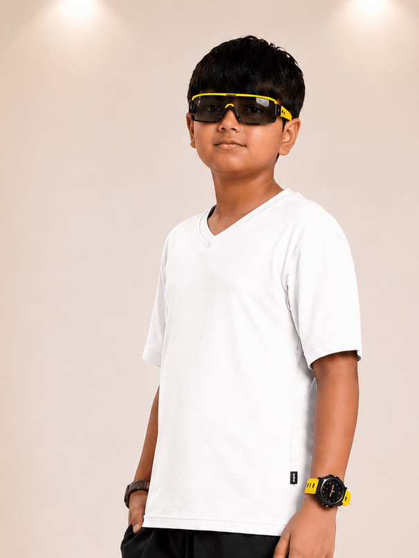 COOLFIT T-SHIRT FOR BOYS GIRLS WHITE model wearing sunglasses and a watch, showcasing effortless style.