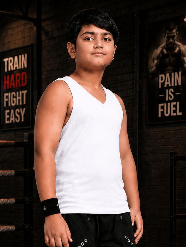 EASY WEAR VEST T-SHIRT FOR BOYS GIRLS WHITE worn by a child in a gym setting, showcasing a sporty and casual style.
