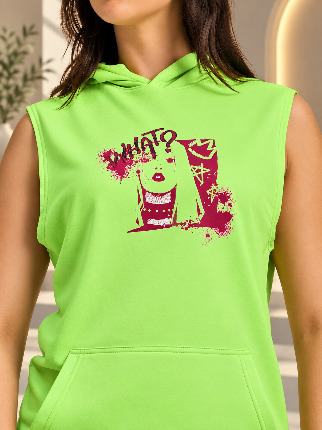 WOMEN KANGAROO GYM SLEEVELESS HOODED T-SHIRT NEON GREEN