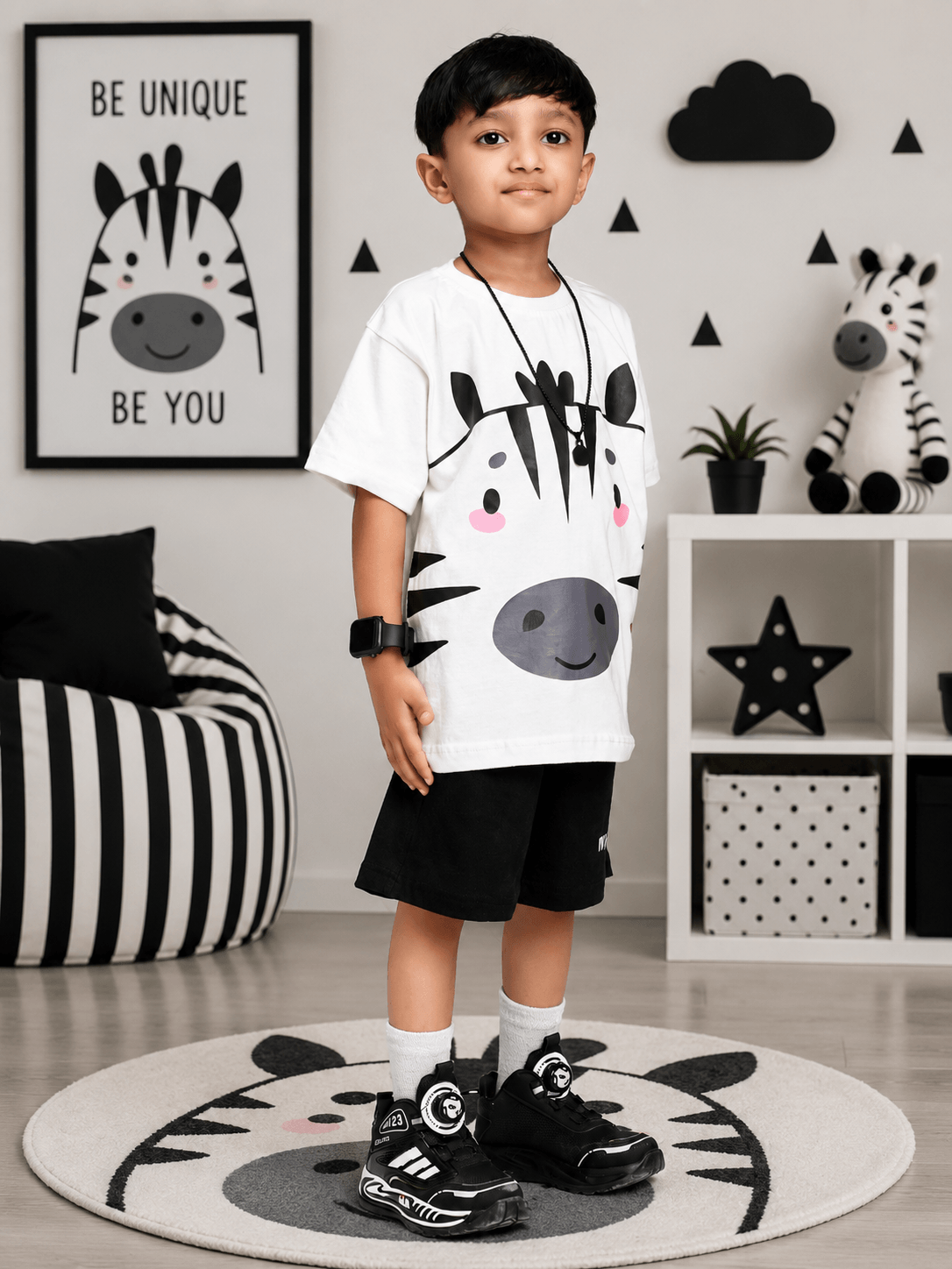 ZIPPY ZEBRA GRAPHIC CO-ORD SET FOR BOYS GIRLS WHITE BLACK