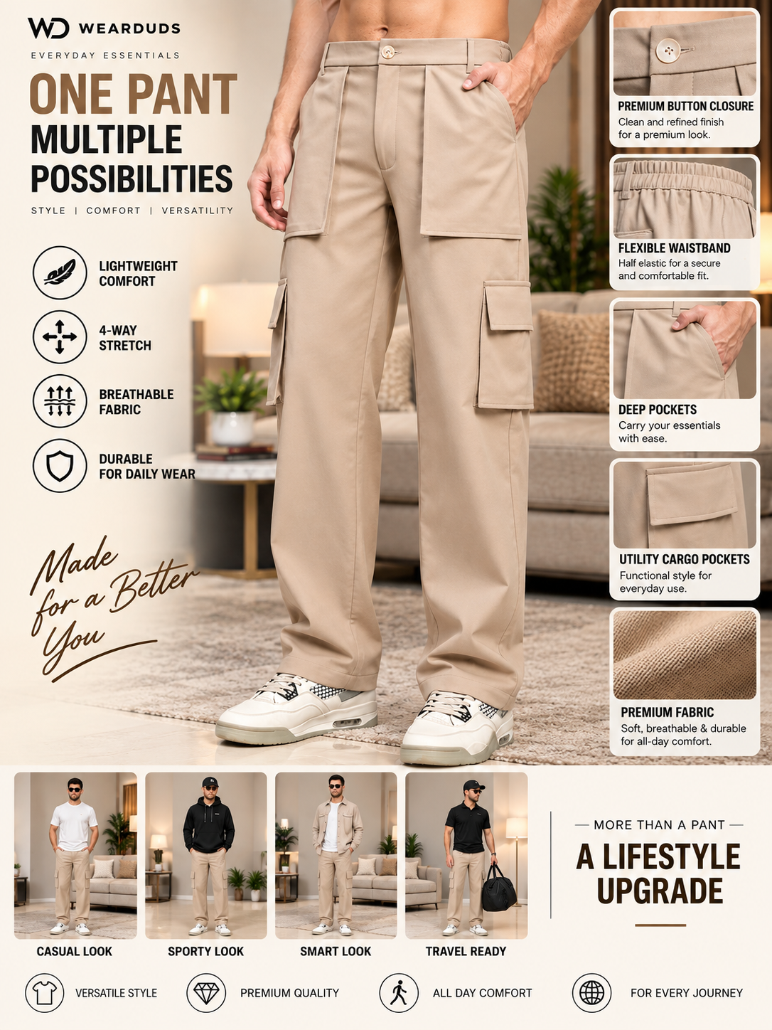 URBAN STREETWEAR OVERSIZED CARGO BEIGE