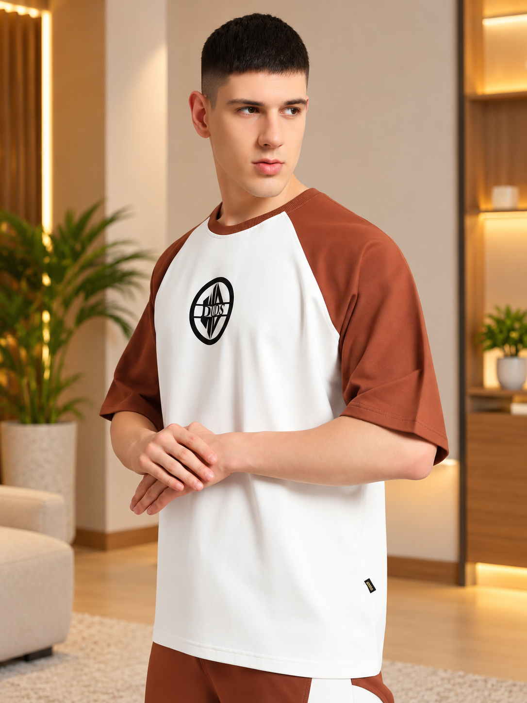 CHESTNUT RAGLAN BLOCKED OVERSIZED T-SHIRT OFF WHITE BROWN