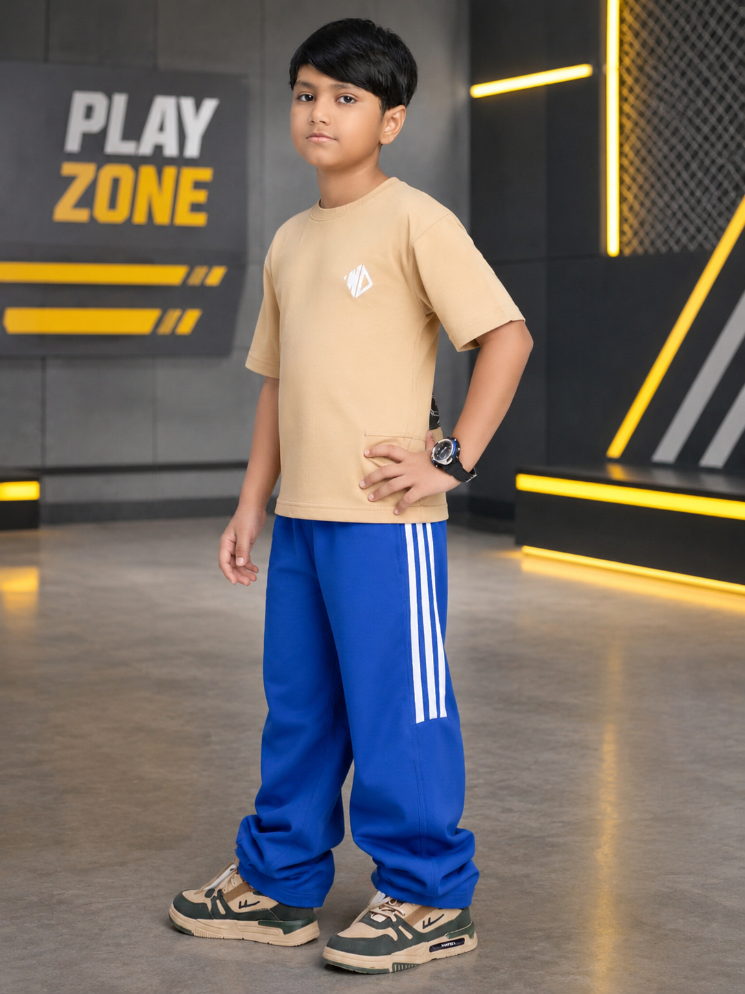 NEO STREET DROP CO-ORD FOR BOYS GIRLS BEIGE BLUE featuring a boy in beige top and blue joggers.