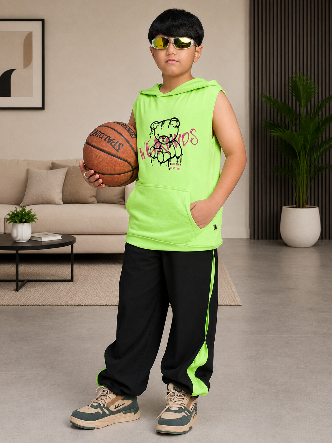 CYBER LIME GRAPHIC HOODED CO-ORD FOR BOYS GIRLS NEON GREEN BLACK