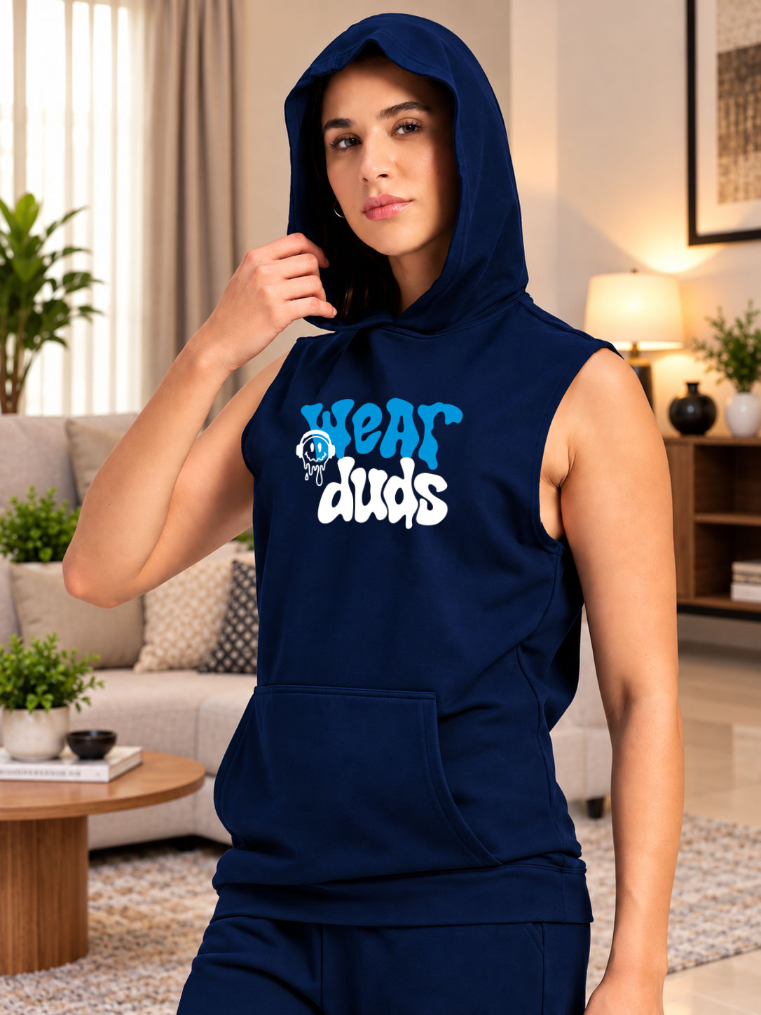 WOMEN LOUNGEWEAR SLEEVELESS HOODED CO-ORD NAVY BLUE