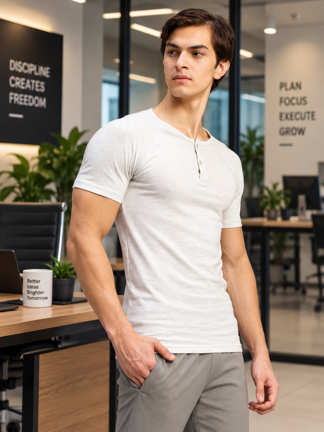 SLEEVE BUTTON HENLEY MELANGE GREY