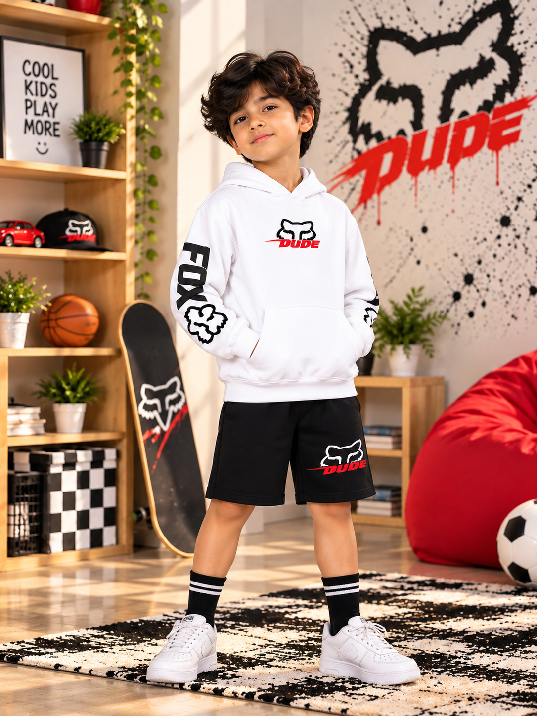 RACING FOX FLEECE CO-ORD FOR KIDS WHITE BLACK hoodie and shorts set worn by boy