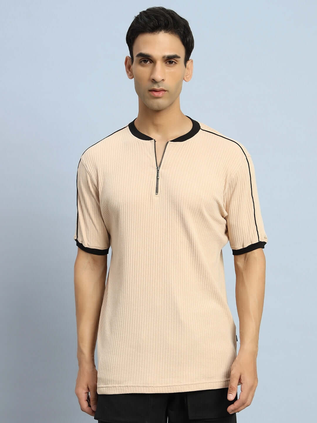 Beige Filipino Zipper Regular Fit T-Shirt in premium heavy gauge cotton, modeled by a 6-foot male in large size.