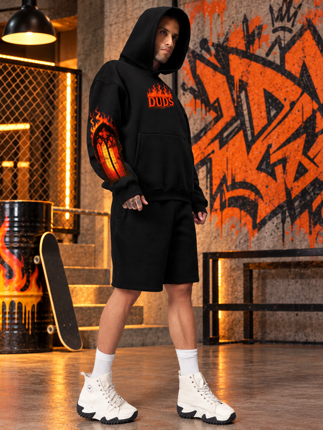FIRE NEVER KILLS THE LIGHT FLEECE CO-ORD BLACK streetwear hoodie and shorts set with flame graphic