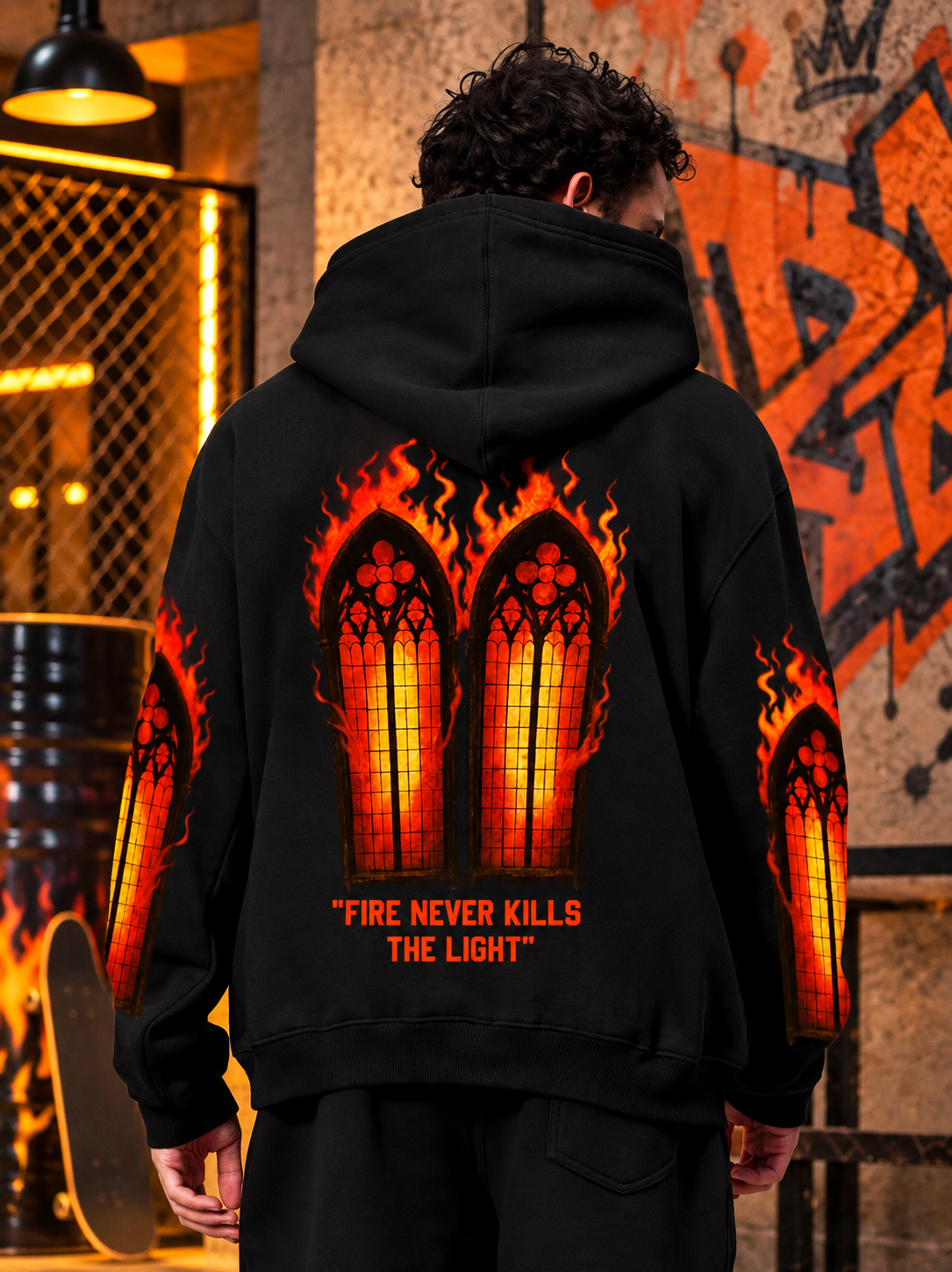 FIRE NEVER KILLS THE LIGHT FLEECE CO-ORD BLACK streetwear hoodie set with flame graphic design