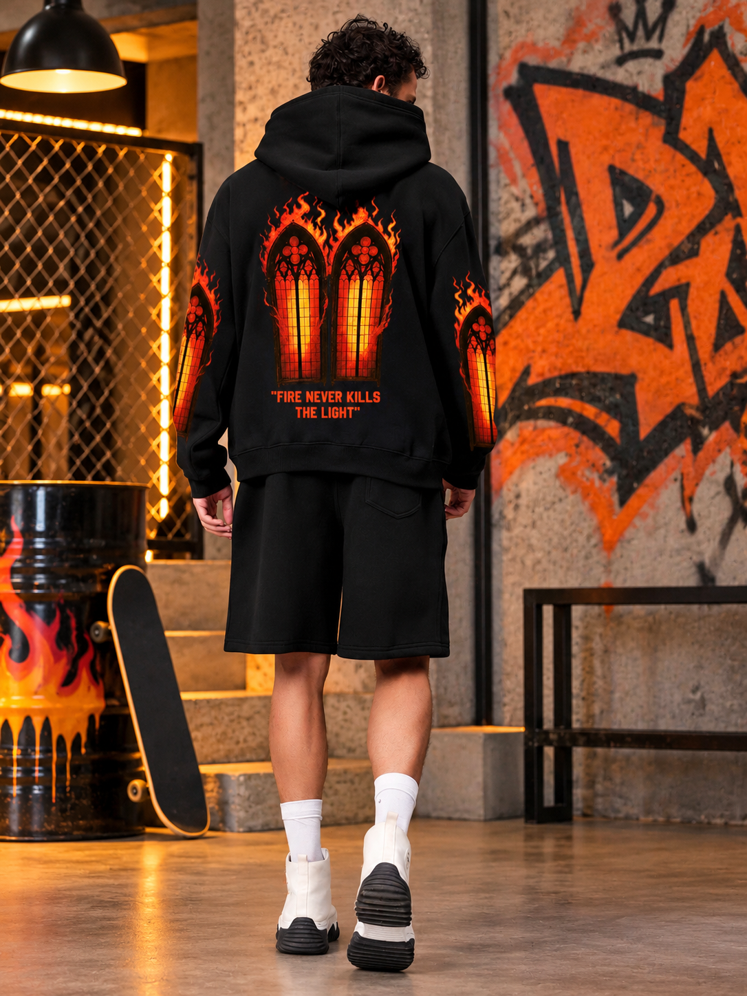 FIRE NEVER KILLS THE LIGHT FLEECE CO-ORD BLACK streetwear hoodie and shorts set with flame graphic print