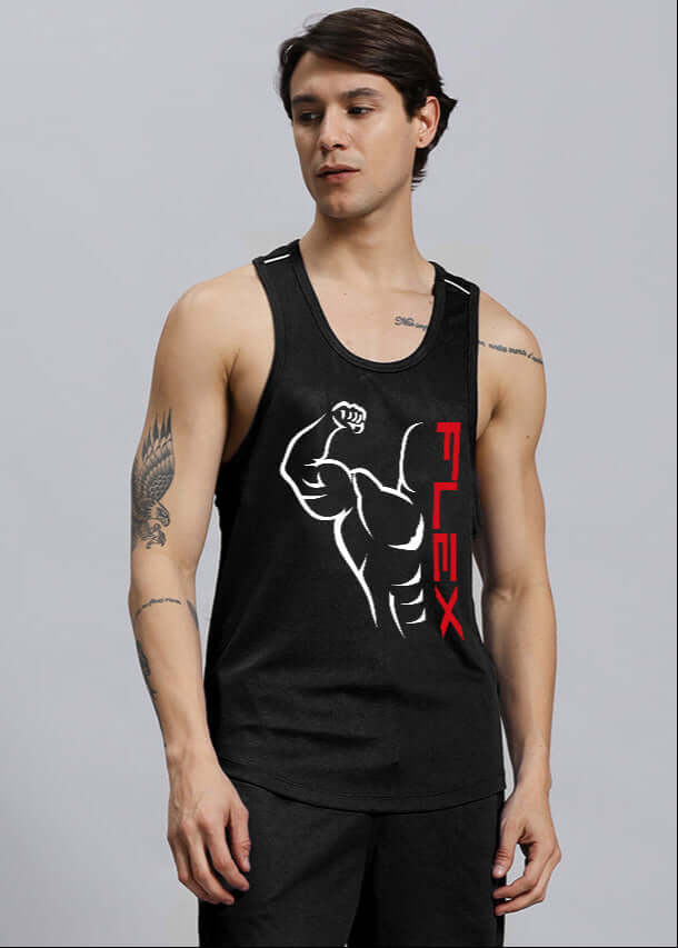 Man wearing FLEX GYM T-SHIRT SLEEVELESS BLACK, showcasing muscular design with text 'FLEX'. Perfect for workouts, available in custom fit.