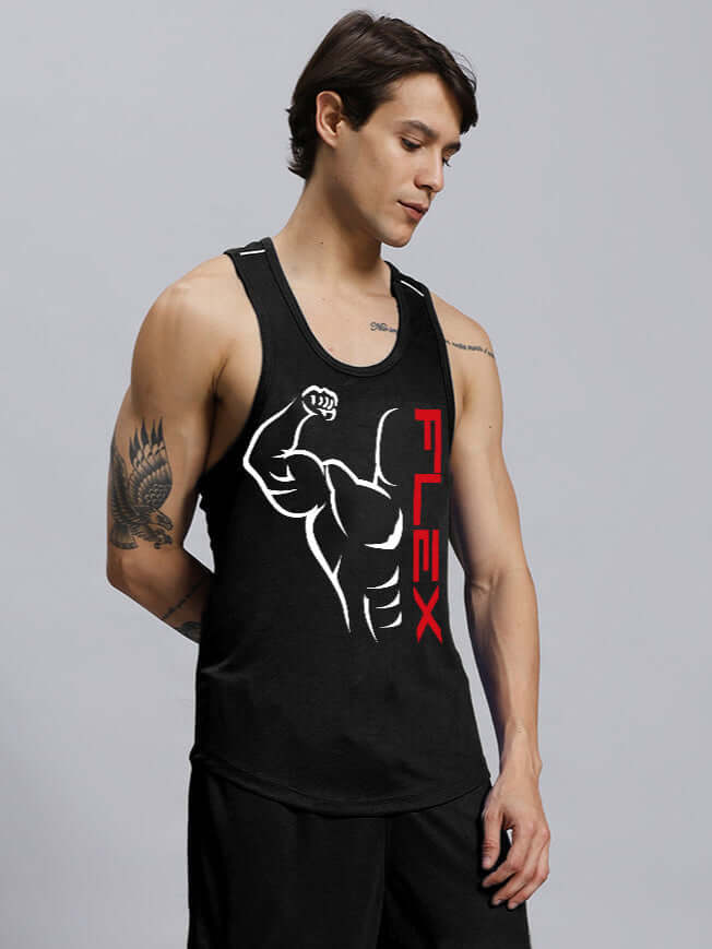 Man wearing FLEX GYM T-SHIRT SLEEVELESS BLACK with muscle graphic design, showcasing custom fit gym wear.
