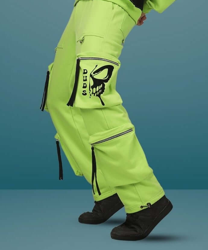 Neon green fluorescent multi-pocket cargo pants with graphic design, showcasing streetwear style and functional fashion.