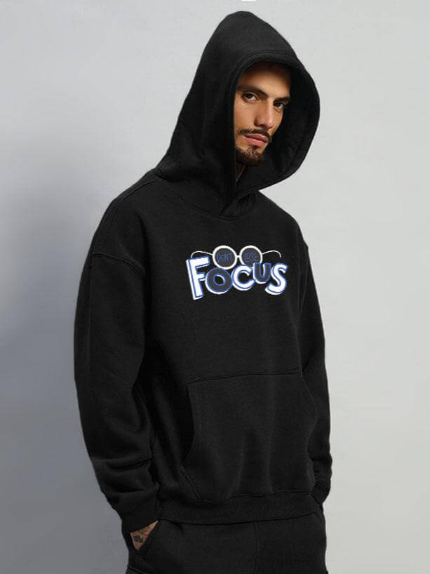Alt Tag: WEARDUDS FOCUS FLEECE HOODIE BLACK worn by a model. Premium quality, made to order. Available in custom fit. Ships in 7-10 days.