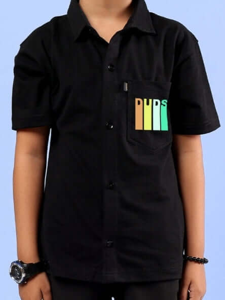 Black FOREVER GAMER shirt for boys and girls with DUDS logo, short sleeves, button-down style, showcasing casual kidswear.