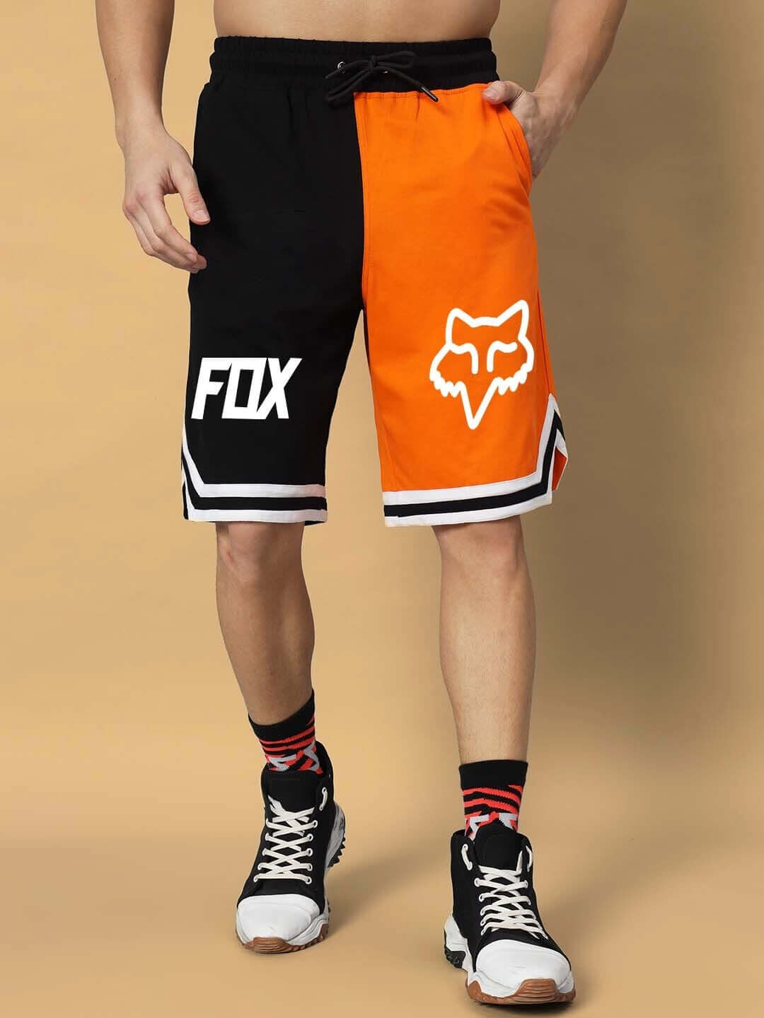 FOX Regular Fit Shorts in orange and black featuring logo, customizable size available for prepaid orders, handmade with care.