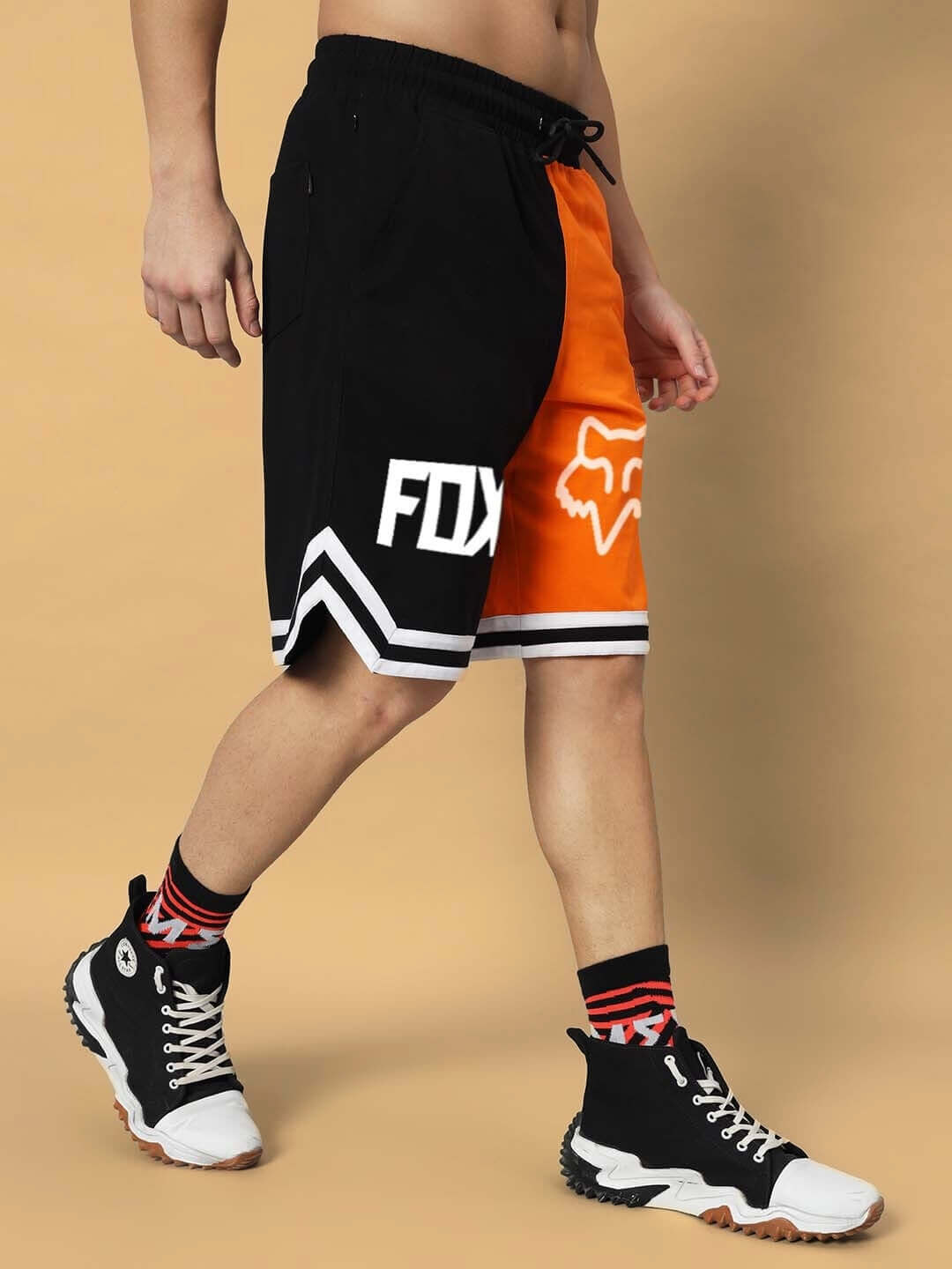 FOX Regular Fit Orange-Black Shorts, customizable size, stylish design, premium quality, perfect for active wear and casual outings.