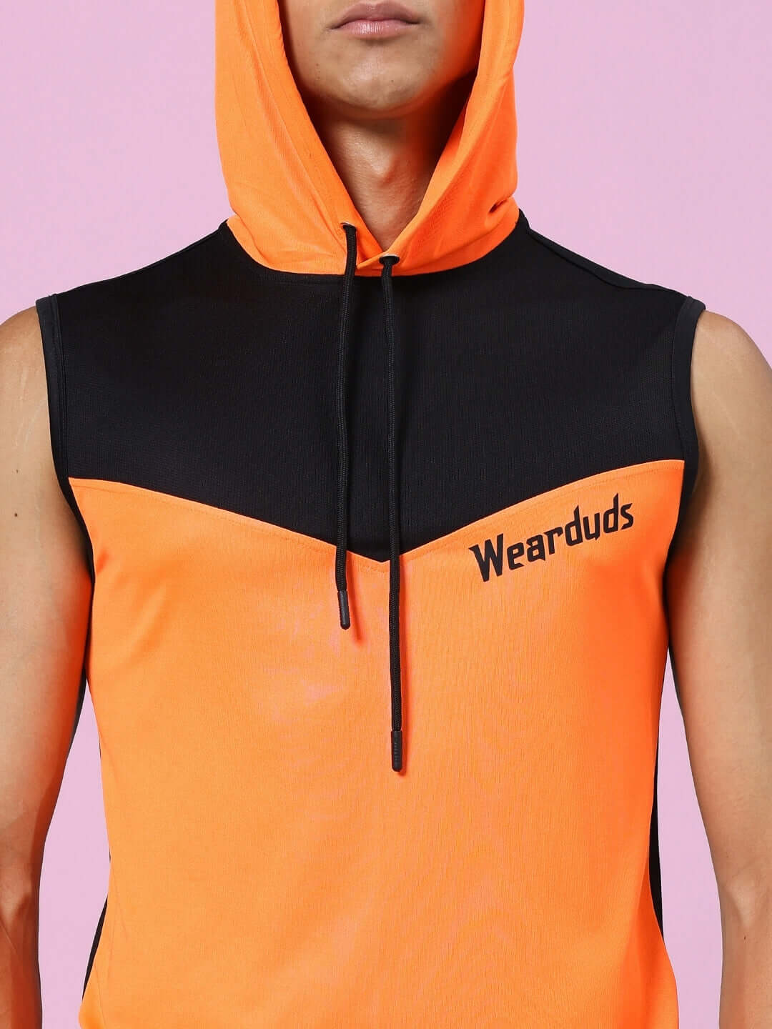 FRANKY GYM CO-ORD SET ORANGE BLACK with hood, featuring sports polyester fabric for fitness enthusiasts.