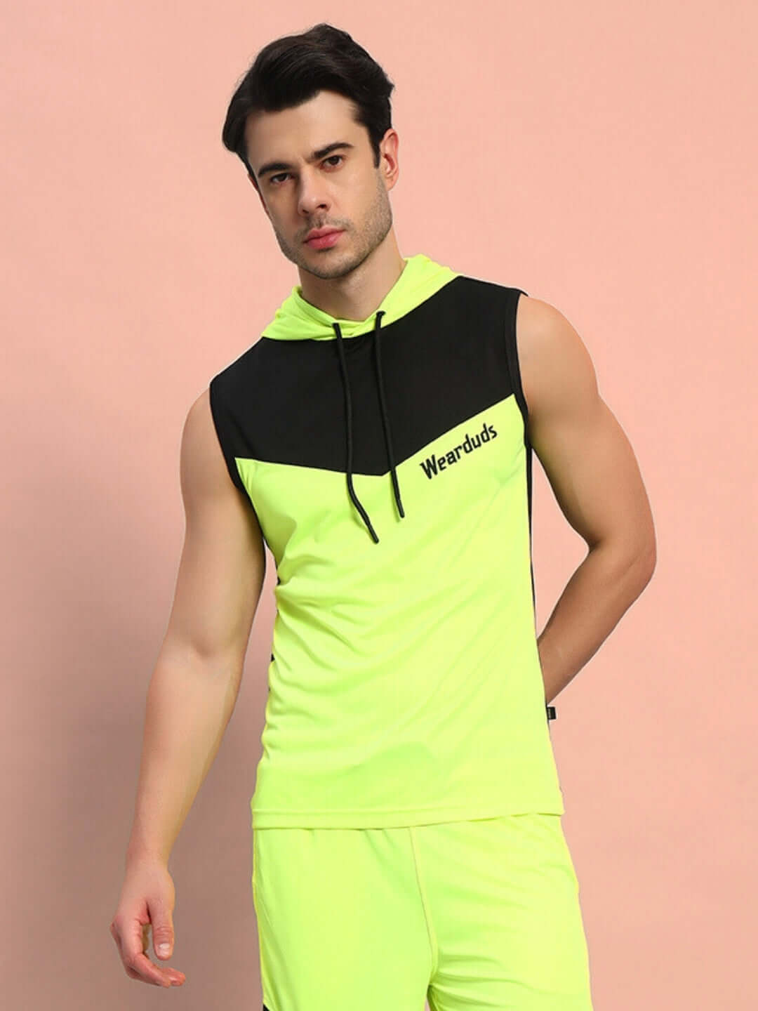 Neon green Franky gym t-shirt by DUDS, sleeveless design, available in custom fit, sportswear fashion.