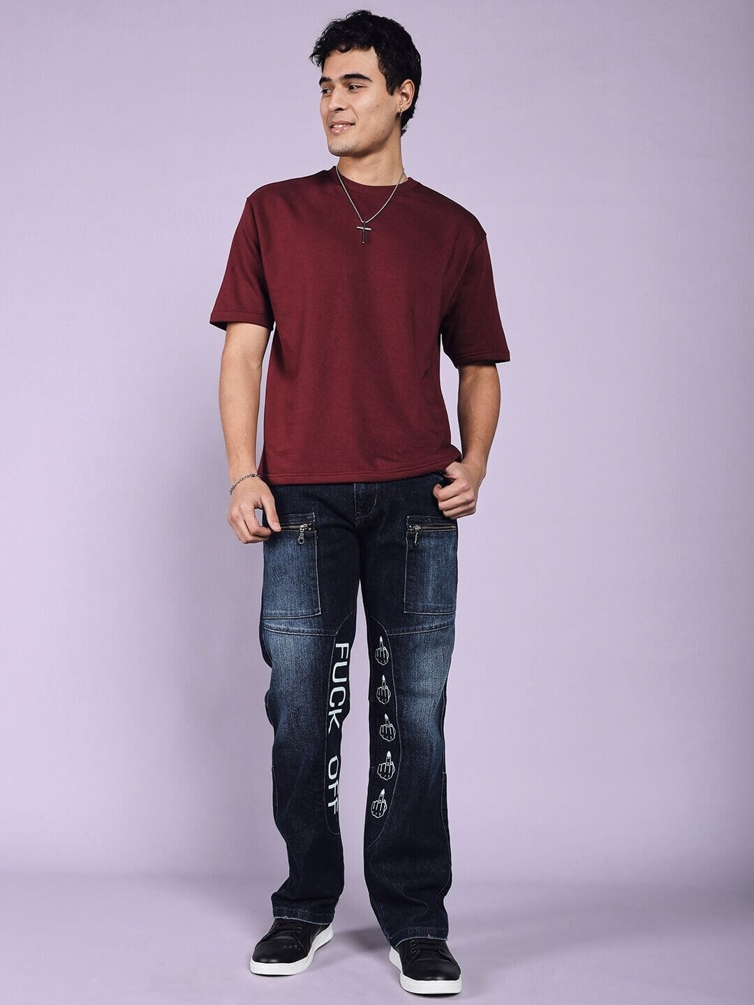 Man wearing FUCK OFF regular fit denim jeans in blue by DUDS