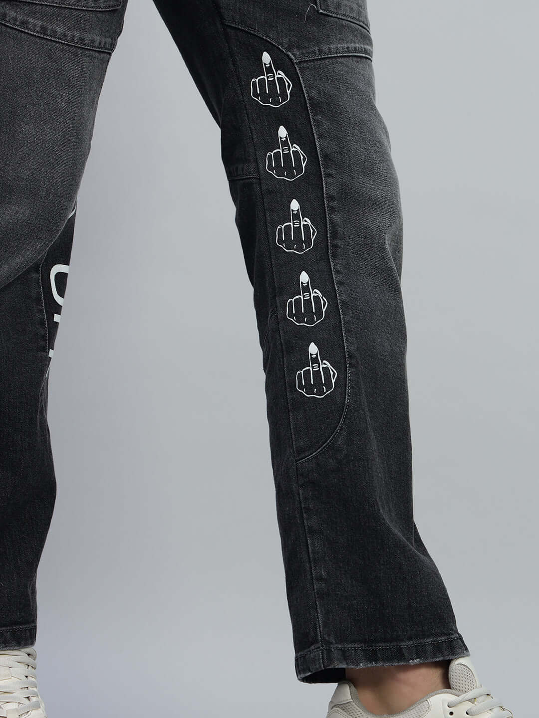Black regular fit denim jeans with edgy graphic design on leg, tailored by DUDS. Custom fit option available.