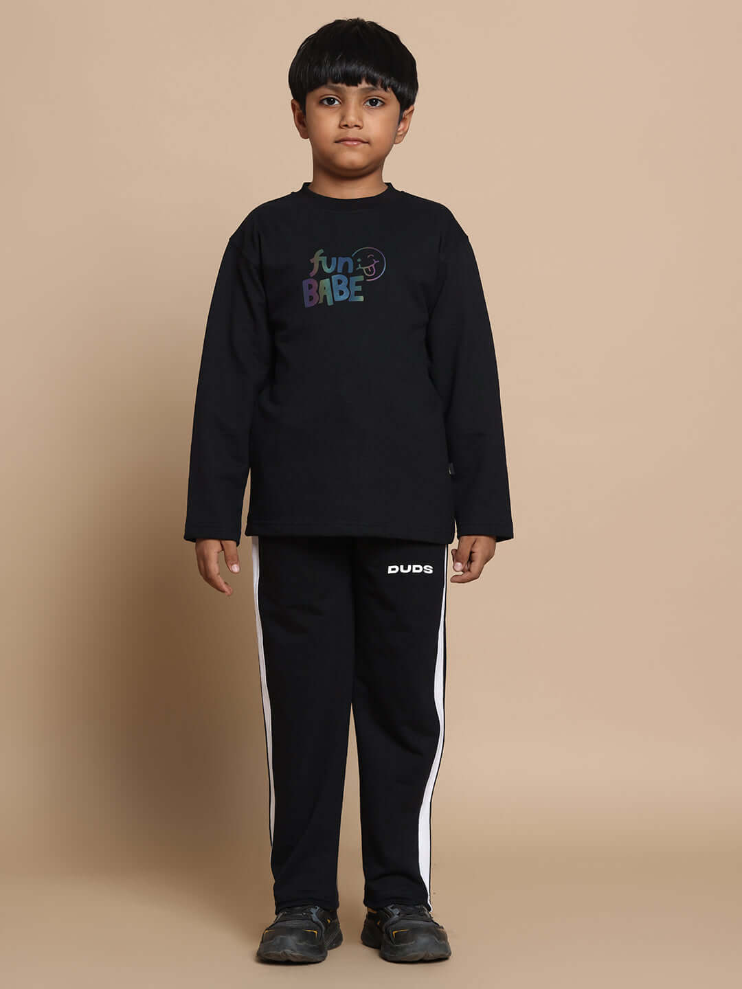 Child wearing Fun Babe Co-ord for Boys Girls Black, unisex black sweatshirt and joggers, front view for playdates or weekends