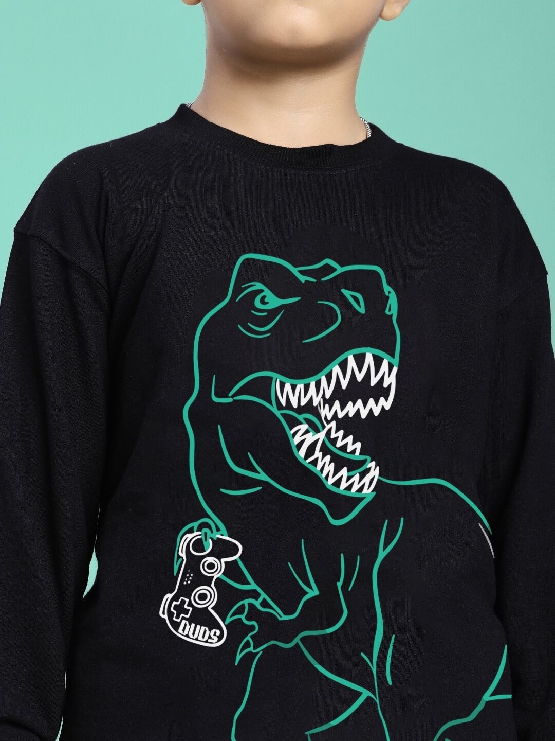 Child wearing GAMEING REX PRINT SWEATSHIRT FOR BOYS GIRLS BLACK with dinosaur gamer graphic