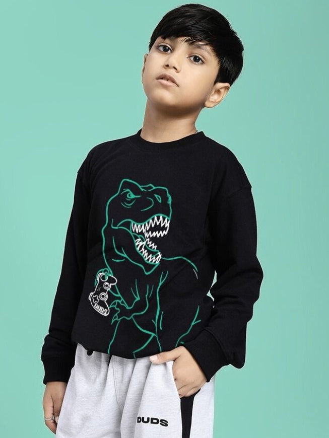 Boy wearing GAMEING REX PRINT SWEATSHIRT FOR BOYS GIRLS BLACK with dinosaur graphic