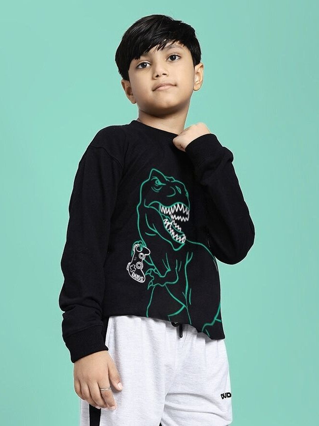 Child wearing GAMEING REX PRINT SWEATSHIRT FOR BOYS GIRLS BLACK with dinosaur graphic, showing style and comfort.