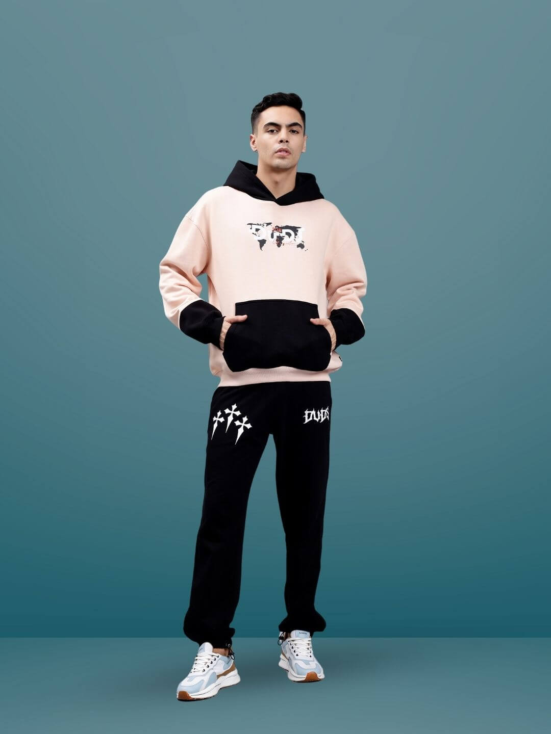 Model wearing Generation Duds Fleece Colorblock Oversize Hoodie with streetwear style.