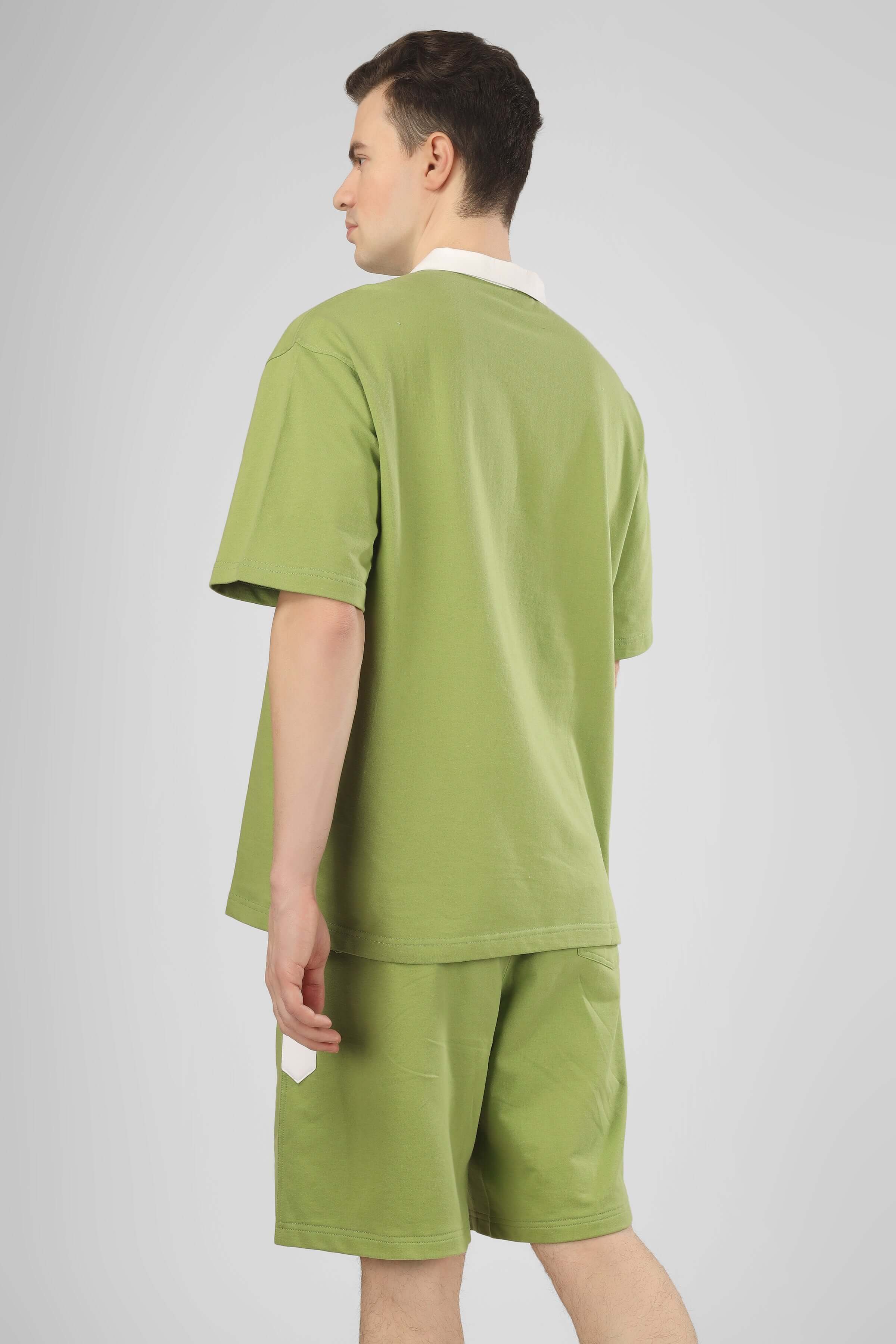 Model wearing Glazy Co-Ord Set in pista green, made from premium cotton French Terry Lycra, ideal for casual wear. Back view.