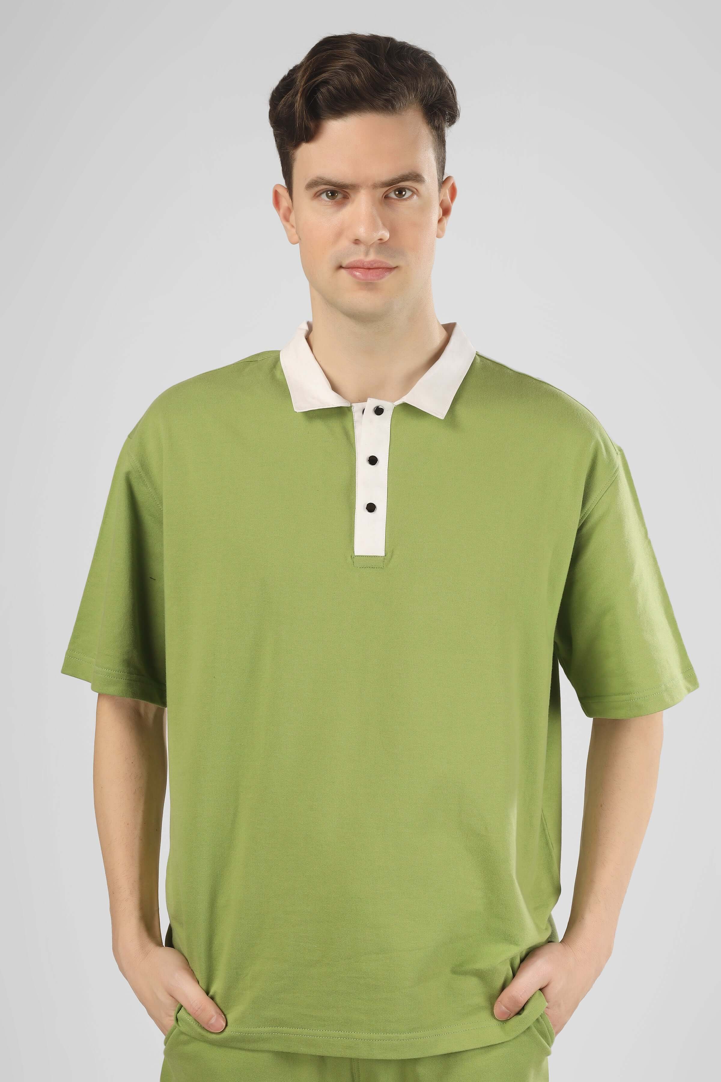 Man wearing Glazy Co-ord Set in pista green, featuring premium cotton French terry lycra with buttoned collar.