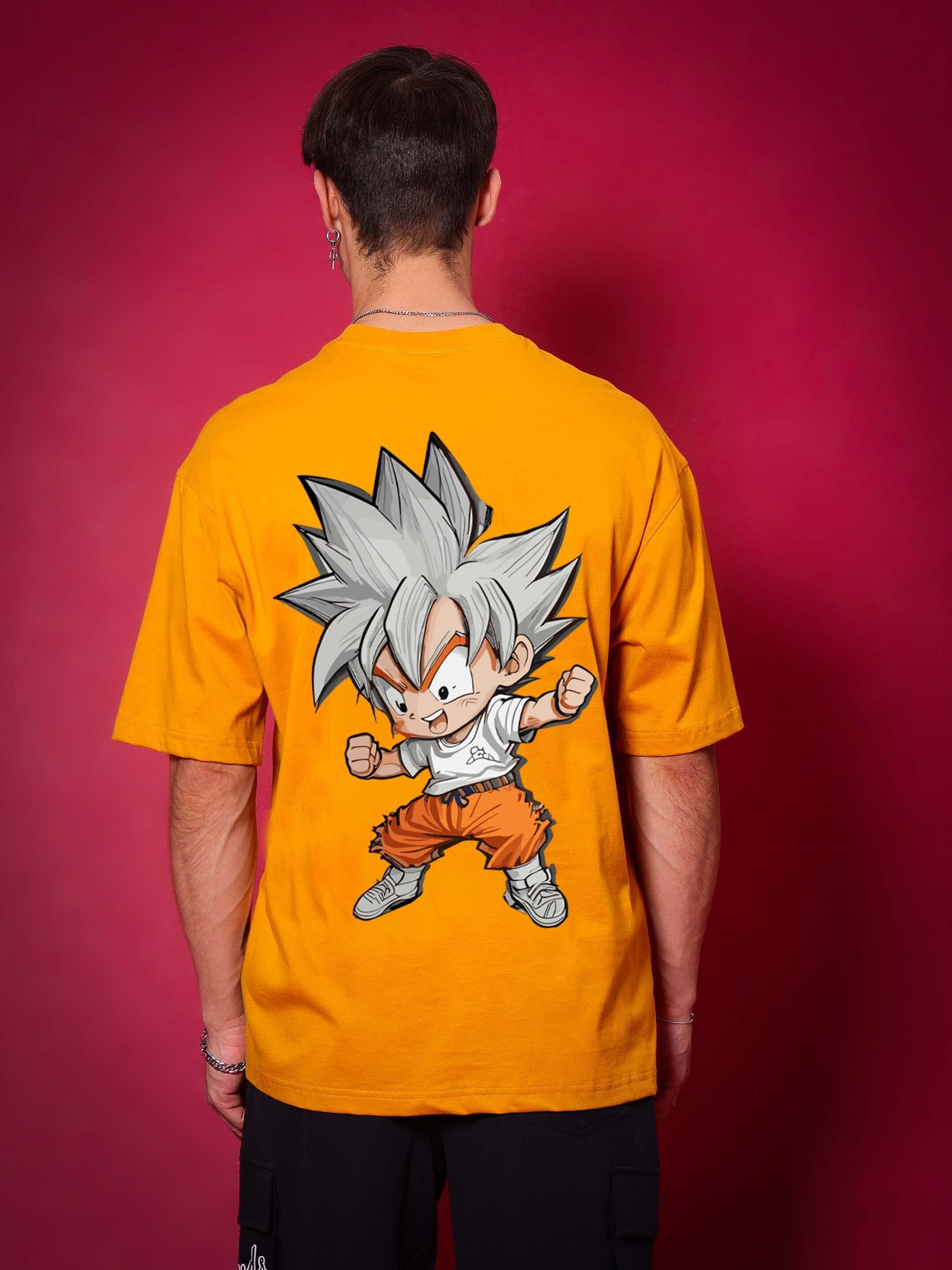 Back view of a mustard oversized t-shirt with a dynamic cartoon graphic, customizable for perfect size fit, ideal for anime enthusiasts.