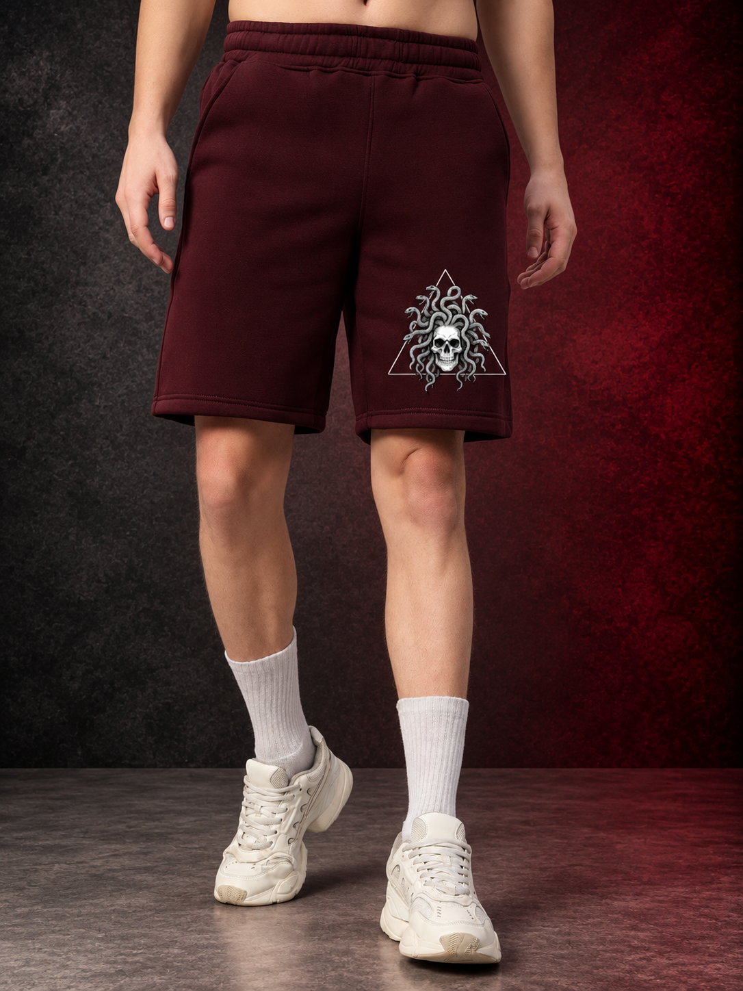 GORGON SKULL PRINTED FLEECE CO-ORD SET WINE shorts styled with sneakers for bold streetwear comfort