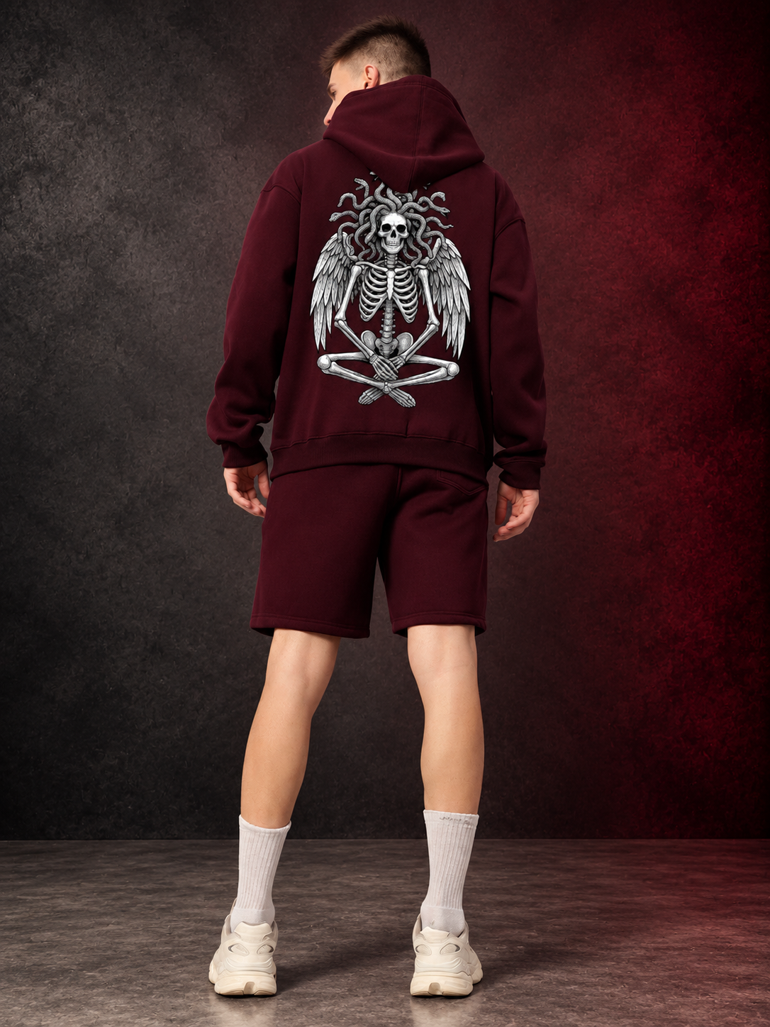 GORGON SKULL PRINTED FLEECE CO-ORD SET WINE with bold skull graphic hoodie and shorts, streetwear fashion for men