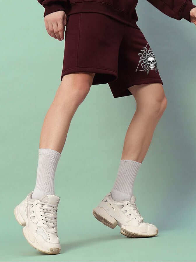 GORGON SKULL PRINTED FLEECE SHORTS WINE - SHORTS