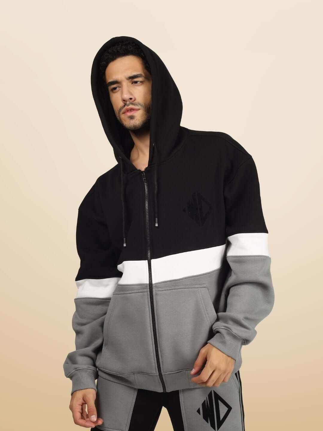Gorpcore Fleece Colorblock Zipper Hoodie in black, white, and gray with full-zip closure, modeled by a person.
