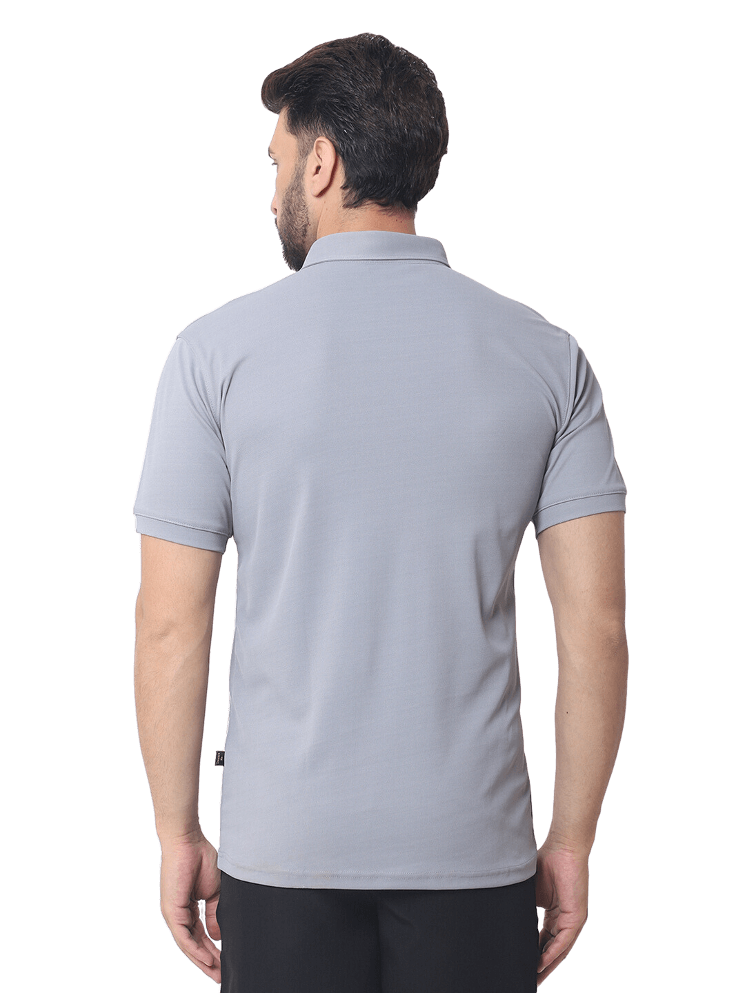 Back view of a gray half-sleeve grained polo neck t-shirt showcasing wrinkle-free, stretchable fabric, ideal for comfortable all-day wear.