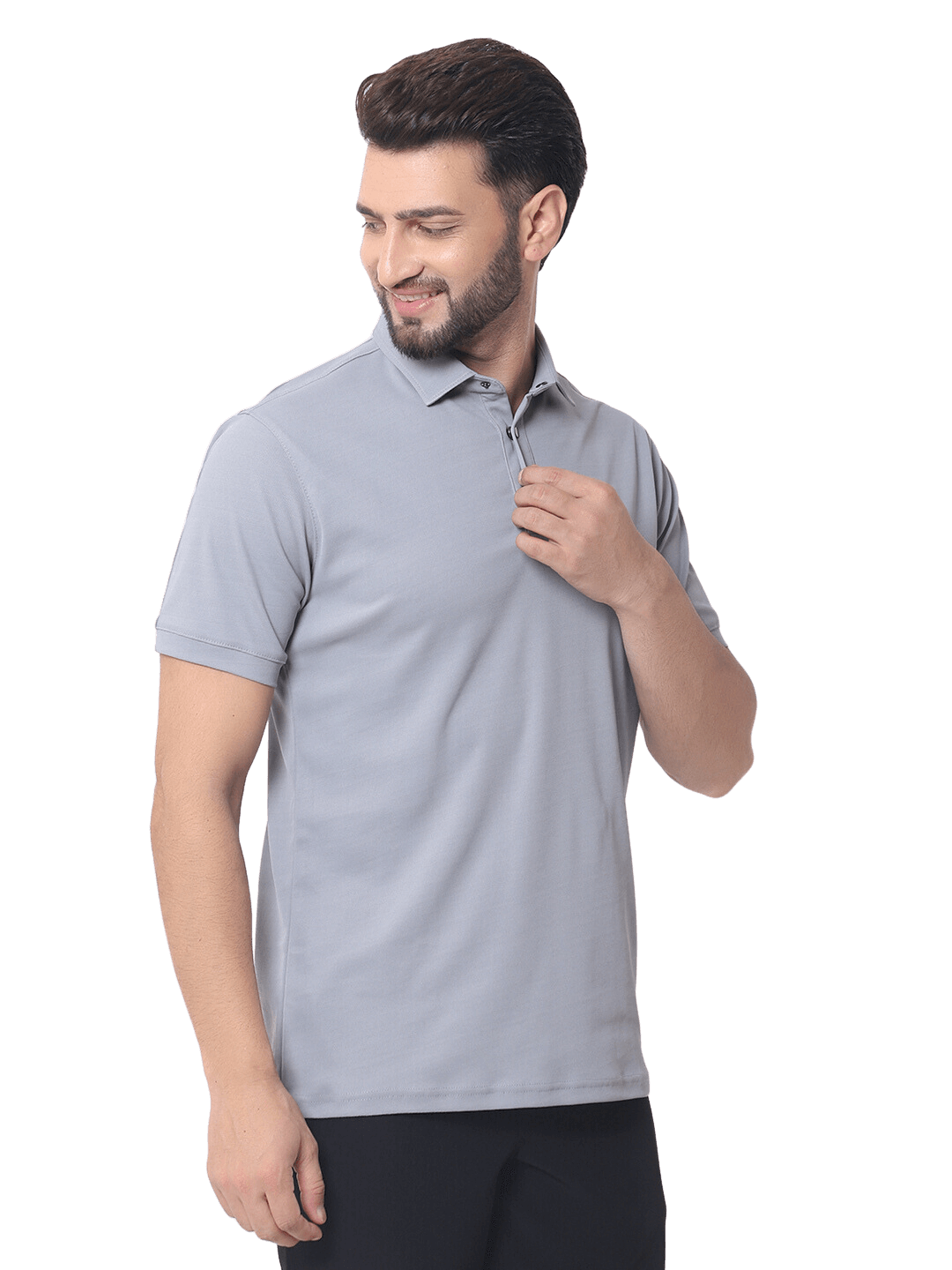 Man wearing grained polo neck t-shirt with slim fit, half sleeves, and metal button. Features wrinkle-free, 4-way stretch, quick dry polyester fabric.